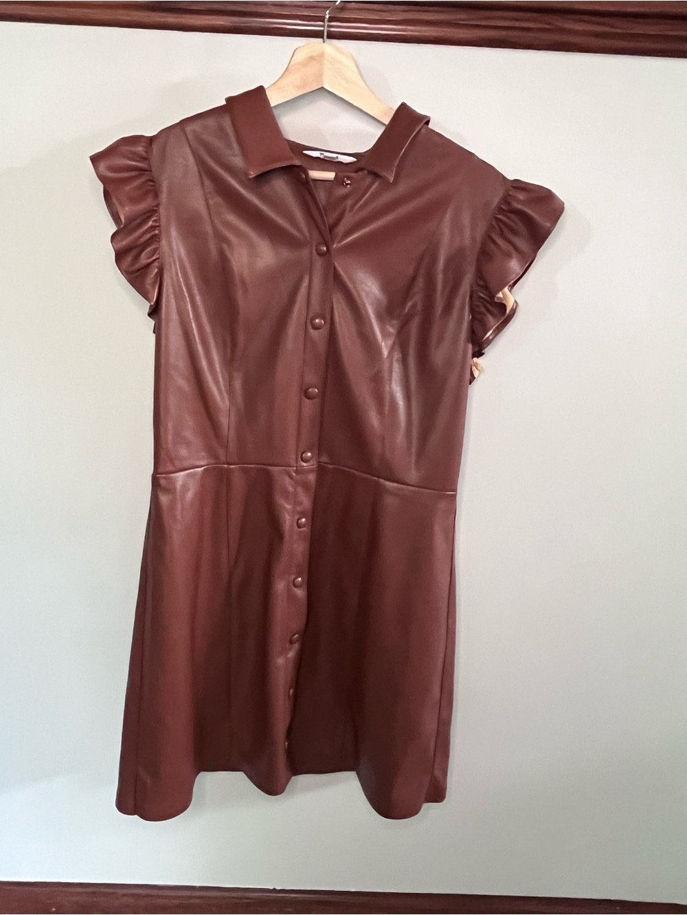Faux Leather Ruffle Sleeve Mini Dress in Brown